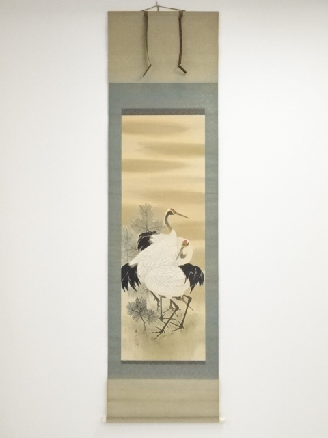 JAPANESE HANGING SCROLL / HAND PAINTED / CRANES (1935)